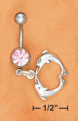 STERLING SILVER JEWELRY BELLY RING W/ PINK ICE GEMSTONE & KISSING DOLPHIN DANGLE (sc118)