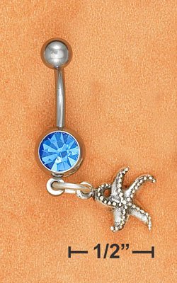 STERLING SILVER JEWELRY BELLY RING W/ SAPPHIRE GEM STONE & STAR FISH DANGLE (sc119)