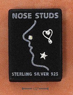 STERLING SILVER JEWELRY NOSE STUDS SET: ROUND, STAR, OPEN HEART (sc114)