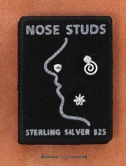STERLING SILVER JEWELRY NOSE STUDS SET: ROUND, PINWHEEL, SOLITAIRE W/ SWIRL (sc116)