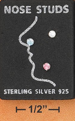 STERLING SILVER JEWELRY 2MM PINK CLEAR & LIGHT BLUE ROUND CRYSTAL NOSE STUD SET (sc123)