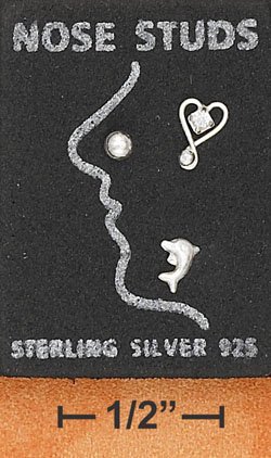 STERLING SILVER JEWELRY BALL-DOLPHIN & HEART WITH CLEAR CRYSTAL NOSE STUD SET (sc125)