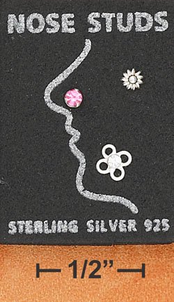STERLING SILVER JEWELRY NOSE SET W/ PINK CRYSTAL-PLAIN SUN & CLEAR CRYSTAL FLOWER (sc126)