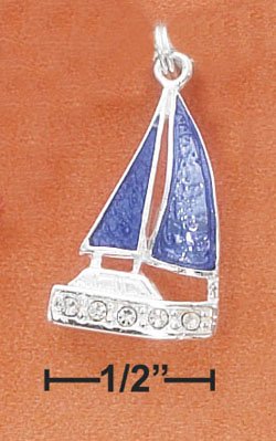 STERLING SILVER JEWELRY BLUE ENAMEL & CZ SAILBOAT CHARM (ch3052)