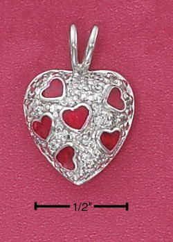 STERLING SILVER JEWELRY PAVE CZ HEART CHARM WITH RED ENAMEL HEARTS (CH3002)