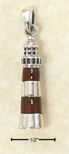 STERLING SILVER JEWELRY 3D RED ENAMEL STRIPED LIGHTHOUSE CHARM (NICKEL FREE) (ch2976)