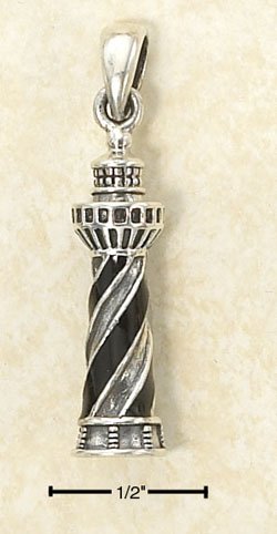 STERLING SILVER JEWELRY 3D BLACK ENAMEL DIAGONAL STRIPED LIGHTHOUSE CHARM (NICKEL FREE) (ch2975)