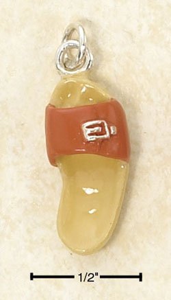 STERLING SILVER JEWELRY ENAMEL ORANGE SANDAL WITH BUCKLE & YELLOW SOLE W/ FOOTPRINT CHARM (ch2965)
