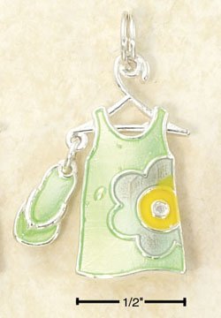 STERLING SILVER JEWELRY GREEN ENAMEL SUNDRESS & FLIP-FLOP CHARM (ch2964)