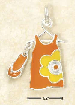 STERLING SILVER JEWELRY ORNAGE ENAMEL SUNDRESS & FLIP-FLOP CHARM (ch2963)