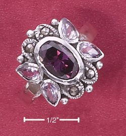 STERLING SILVER JEWELRY MARCASITE WITH OVAL AMETHYST & LAVENDER TEARS CZ RING (msr156)