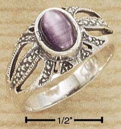 STERLING SILVER JEWELRY ANTIQUED OPEN BURST W/ OVAL PURPLE CAT EYE RING SIZES 5-10 (sr1197)
