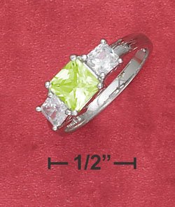 STERLING SILVER JEWERLY 6MM GREEN CZ W/ 4MM CLEAR CZ THREE STONE RING (sr2759)