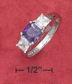 STERLING SILVER JEWELRY 6MM PURPLE CZ W/ 4MM CLEAR CZ THREE STONE RING (sr2757)