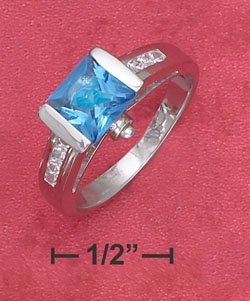 STERLING SILVER JEWELRY RP 7M TENSION SET SQ PRINCESS CUT BLUE CZ RING W/ CHAN SET CZ SIDES (sr2747)