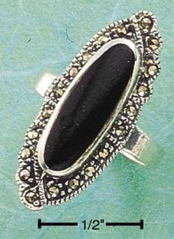 STERLING SILVER JEWELRY MARCASITE ELONGATE OVAL ONYX RING 5-9 (msr8)