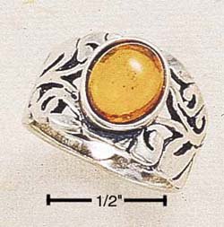 STERLING SILVER JEWELRY ANTIQUED FILIGREE BAND W/ 9X7 OVAL AMBER STONE SIZES 5-9 (cr124)