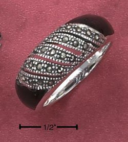 STERLING SILVER JEWELRY MARCASITE & GENUINE ONYX DOME RING (msr138)