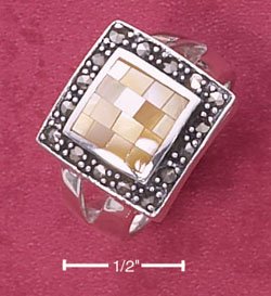 STERLING SILVER JEWELRY YELLOW MOP MOSAIC SQUARE RING WITH MARCASITE BORDER (msr143)