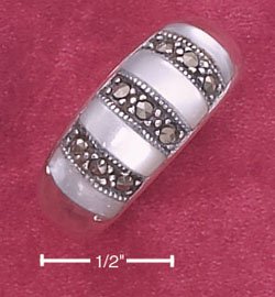 STERLING SILVER JEWELRY MARCASITE & MOTHER OF PEARL BANDED DOME RING (6-9) (msr148)