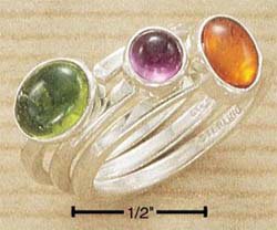 STERLING SILVER JEWELRY TRIPLE STACK RING W/ ROUND AMETHYST,PERIDOT & AMBER STONES SZS 5-9 (cr246)