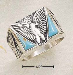 STERLING SILVER JEWELRY MEN'S EAGLE W/ DOUBLE TRIANGLE TURQUOISE & SQUARED SHANK SIZES 9-13 (sr272)