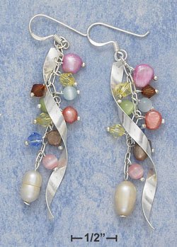 STERLING SILVER STREAMERS W/ MULTI COLOR CATEYE CRYSTAL & FWP FW EARS (APPROX 2.5") ( xx4136 )