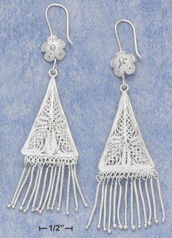 STERLING SILVER FILI FLWR FW EARS W/ PUFF FILI TRNGLE & COILED FRINGE (APROX 3.25") (xx4135)