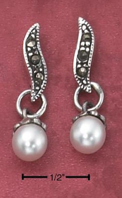 STERLING SILVER MARCASITE "S" POST DROP EARRINGS W/ SYNTHETIC PEARL DANGLE (mer68)