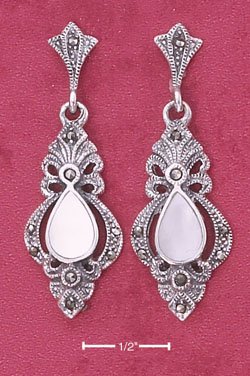 STERLING SILVER FANCY VICTORIAN MARCASITE POST DANGLE EARRINGS W/ GENUINE MOP TEAR (mer92)