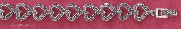 STERLING SILVER 7" MARCASITE OPEN HEART LINK BRACELET (mbr24)