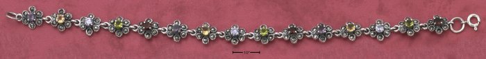STERLING SILVER 7.5" MARCASITE FLOWER LINK BRACELET W/ MULTI COLORED CZ'S (mbr12)