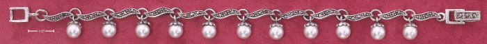 STERLING SILVER 7.5" MARCASITE "S" LINK BRACELET W/ SYNTHETIC PEARL DANGLES (mbr19)