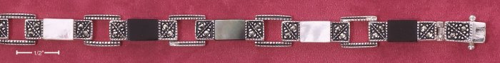 STERLING SILVER 7" MARCASITE LINK BRACELET W/ BLACK MOP WHITE MOP AND GENUINE ONYX (mbr28)