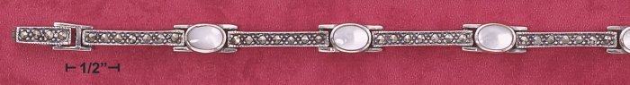 STERLING SILVER 7" OVAL MOP & MARCASITE BAR LINK BRACELET (mbr33)