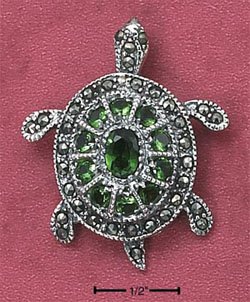 STERLING SILVER MARCASITE MOVABLE HEAD SEA TURTLE PENDANT W/ GREEN CZ SHELL (mpn89)