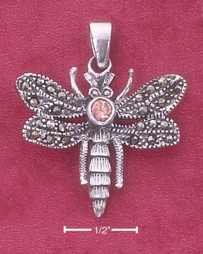 STERLING SILVER ANTIQUED MARCASITE DRAGONFLY PENDANT W/ PINK CZ ( APPROX 1") (mpn113)
