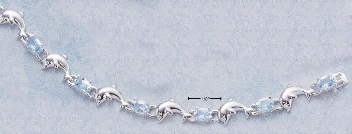 STERLING SILVER JEWELRY 7" DOLPHIN & BLUE TOPAZ BRACELET (br1511)