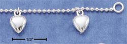 STERLING SILVER 7" FINE BEAD CHAIN W/ DANGLING HEART CHARMS BRACELET (br1684)