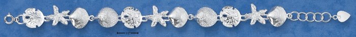 STERLING SILVER 7.5" LARGE SATIN SHELLS, STARFISH & SANDDOLLAR LINK BRACELET (br1807)