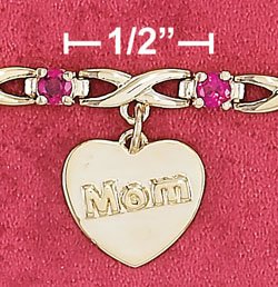 STERLING SILVER JEWELRY VERMEIL 7" 3MM SYN RUBY & "X" LINK BRACELET WITH 12MM MOM HEART TAG (br2898)