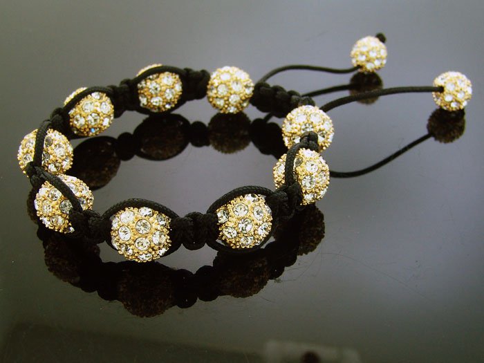 Big Bead Shamballa White CZ Bracelet 12MM Yellow Gold