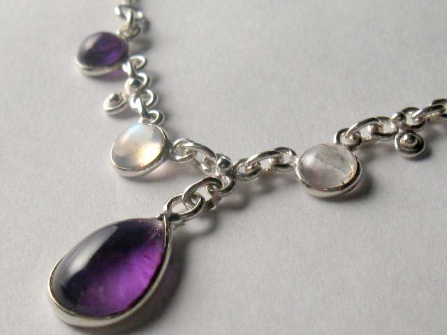 Natural Amethyst and Moonstone Sterling Silver Necklace