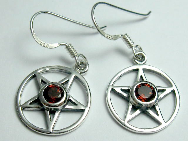 Sterling Silver Goth Natural Garnet Pentagram Earrings