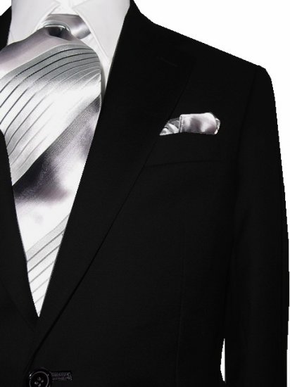 40S Mantoni 2-pc Men's Suit Solid Black Wool 2 Button Flat Front Pants Free Hem-up & Tie Size 40S