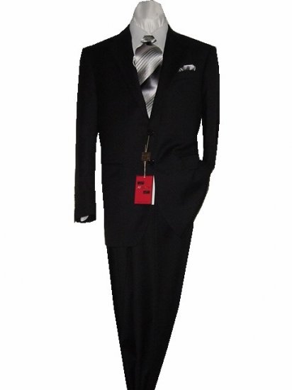 50L Mantoni 2-PC Men's Suit Solid Black Wool 2 Button Flat Front Pants Free Hem-up & Tie Size 50L