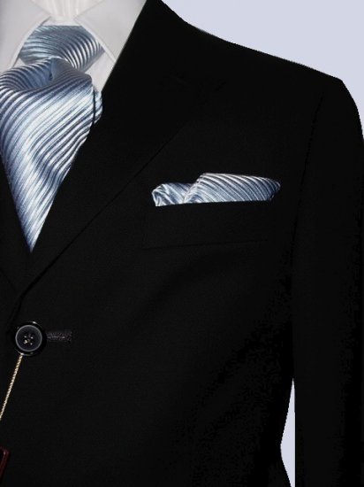 44L Mantoni 2-pc Men's Suit Solid Black Wool 3 Button Single Pleated Pants FREE Tie Size 44L