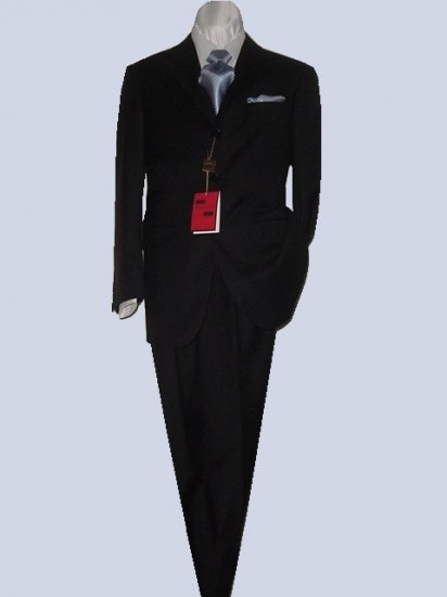 40S Mantoni 2-pc Men's Suit Solid Black Wool 3 Button Single Pleated Pants FREE Tie Size 40S