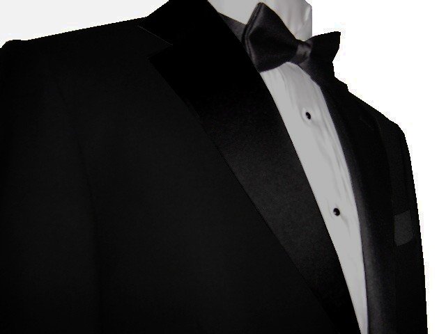 46L Marchatti 2-PC Men's TUXEDO Suit 2 Button Solid Black Flat Front Pants FREE Bow Tie Size 46L