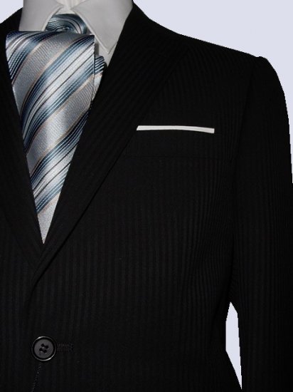 46L Fiorelli 2-Button Men's Suit Black with Thin Stripes with Flat Front Pants FREE Tie Size 46L